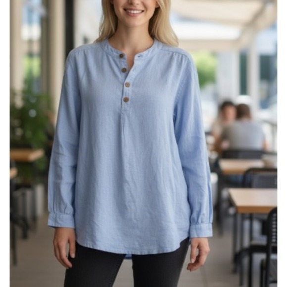 J Peterman Womens Cotton Popover Tunic Top Button Blue Long Sleeve Size Large - Picture 1 of 12